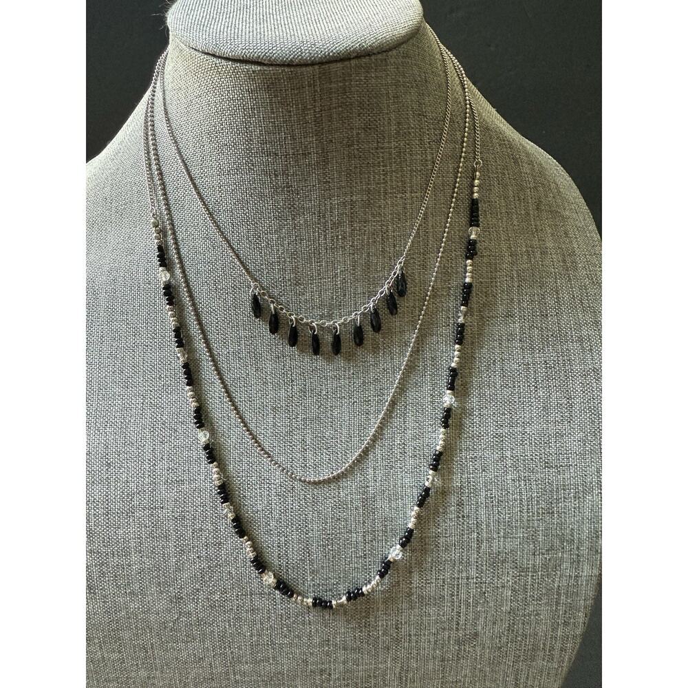 Beaded Layered Chain Necklace Silvertone Black Beads Long Boho Festival Casual